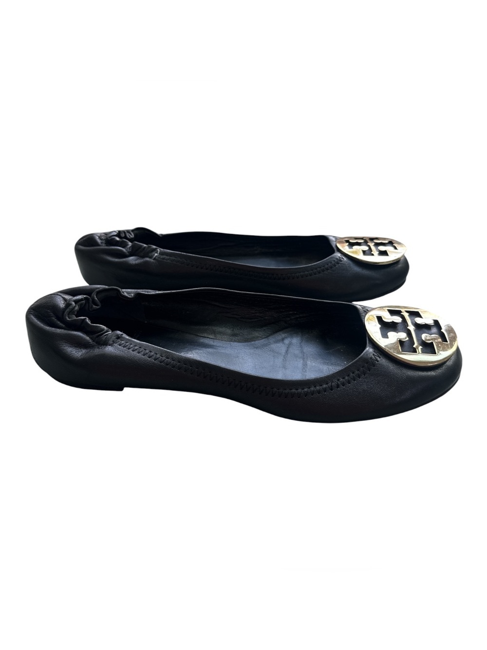 Tory Burch Black Leather Ballet Flats with Gold Logo Medallion